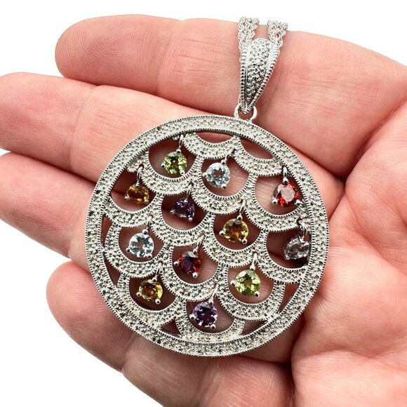 Affinity Womens Necklace Sterling Silver Diamond Multi Gemstone Enhancer Pendant - Picture 1 of 6